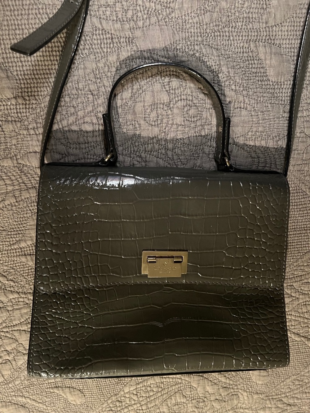 Kate Spade Doris Croc Embossed Dark Gray Patent Structured Tote Bag w/ 2 Handles